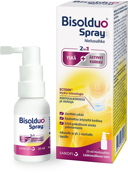 Bisolduo® Spray on kuivaa yskää hillitsevä ja ärtynyttä kurkkua rauhoittava valmiste.